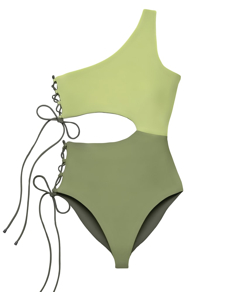 Front of a size 3X Two Tone Lace-Up Swimsuit in Green by Hilary MacMillan. | dia_product_style_image_id:296916